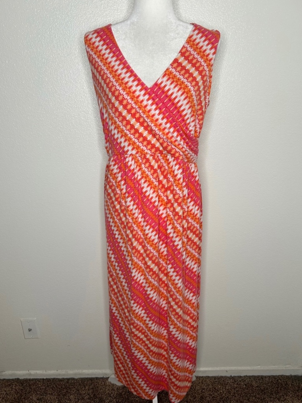 J Jill Womens Orange & Coral Patterned V-Neck Sleeveless Maxi Knit Dress Size M